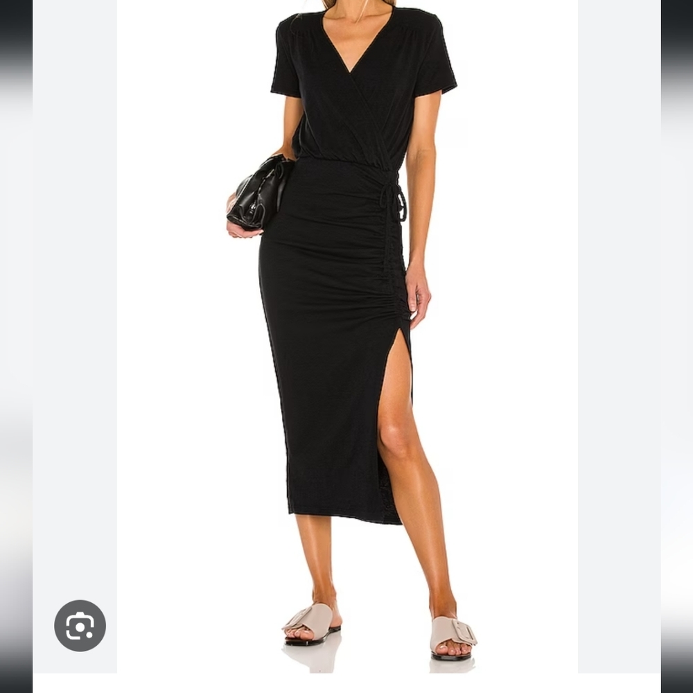 Sundry Short Sleeve Ruched Dress with Slit Black